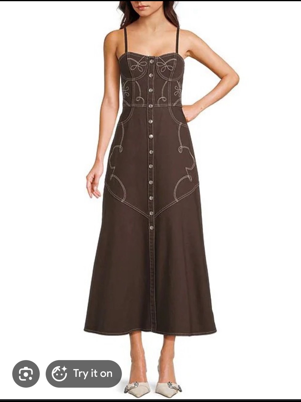 GB Western Rodeo Brown Button-Front Spaghetti Strap Maxi Dress, Small